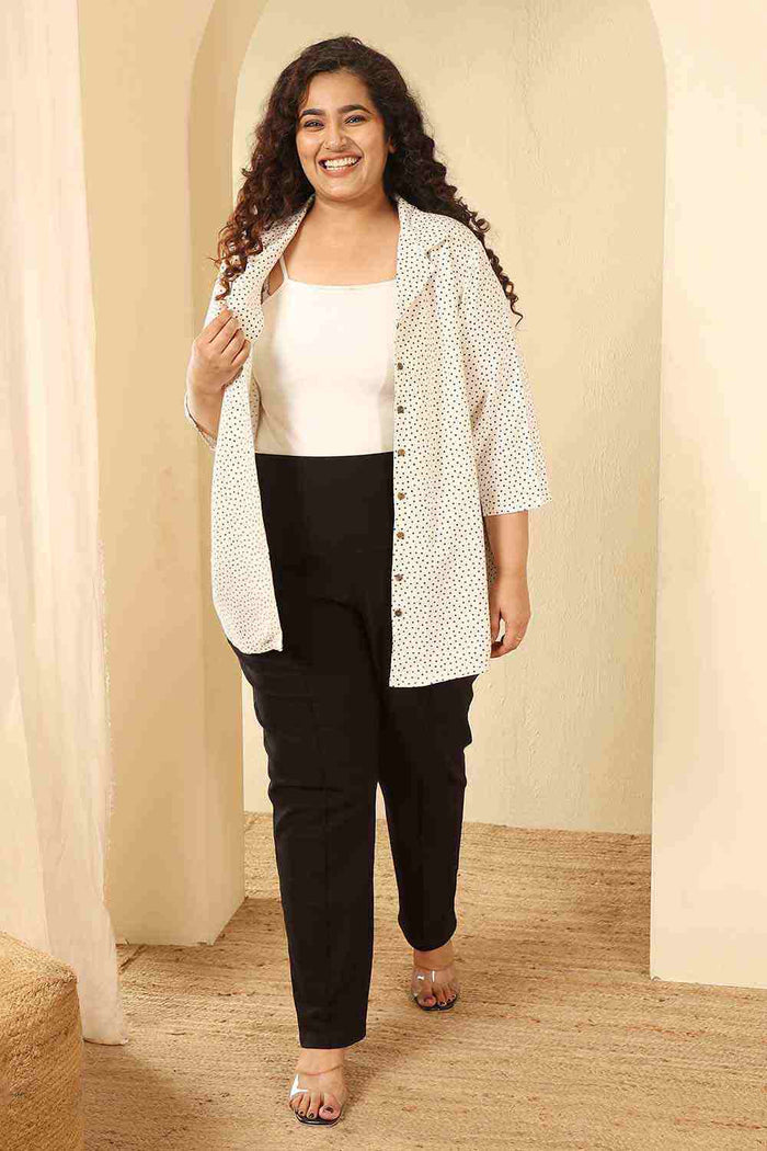 Plus Size Ivory Polka Print Cotton Cuban Collar Shirt