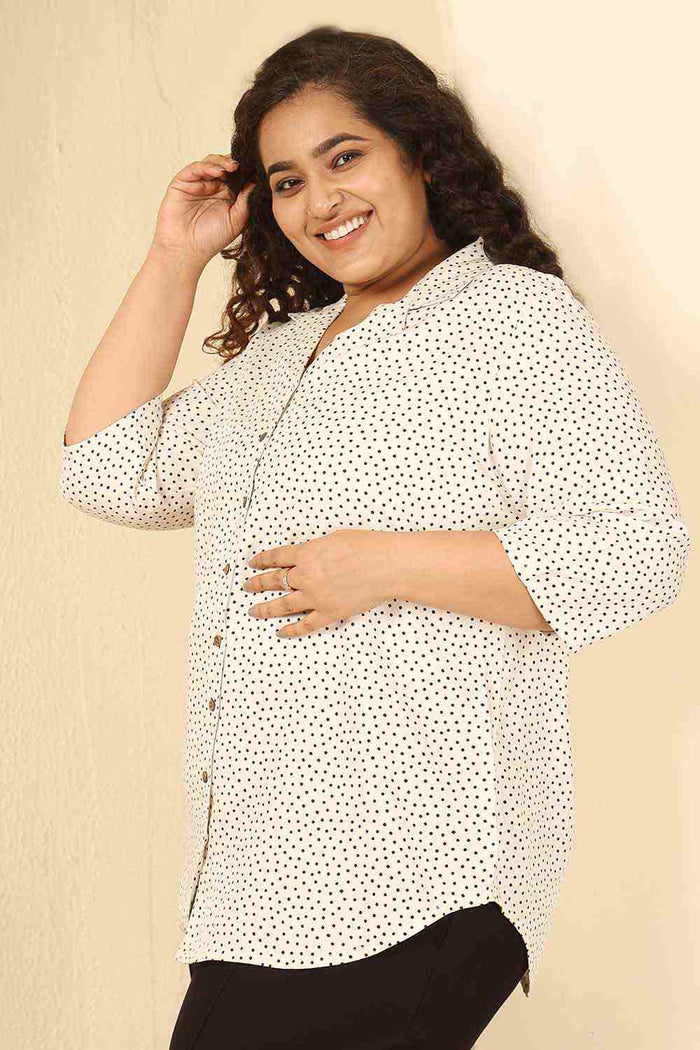 Plus Size Ivory Polka Print Cotton Cuban Collar Shirt