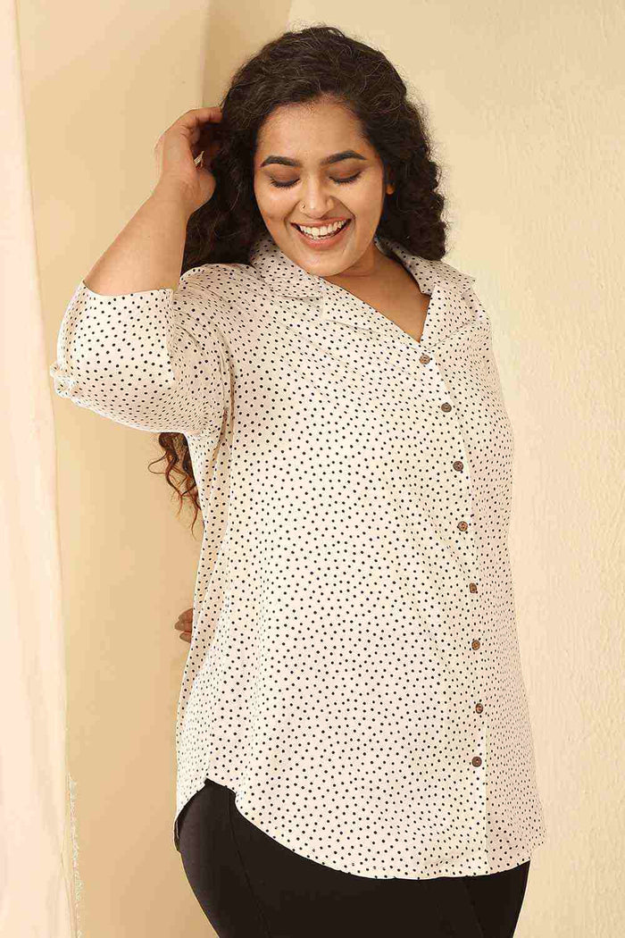 Plus Size Ivory Polka Print Cotton Cuban Collar Shirt