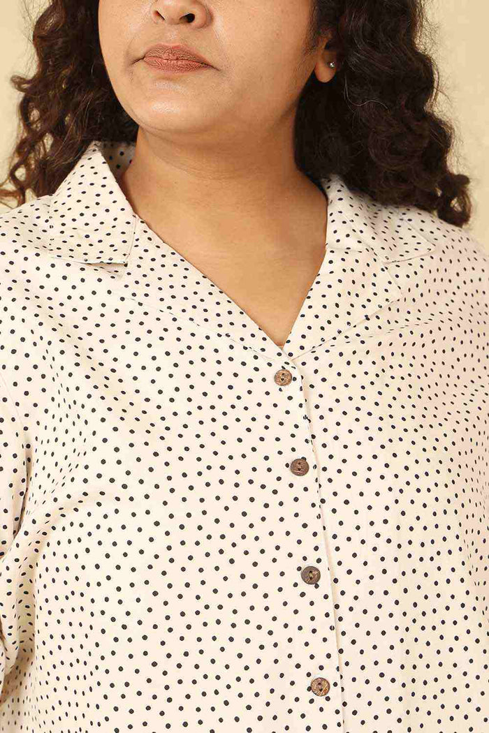 Plus Size Ivory Polka Print Cotton Cuban Collar Shirt