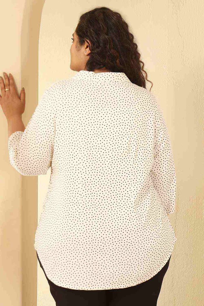 Plus Size Ivory Polka Print Cotton Cuban Collar Shirt