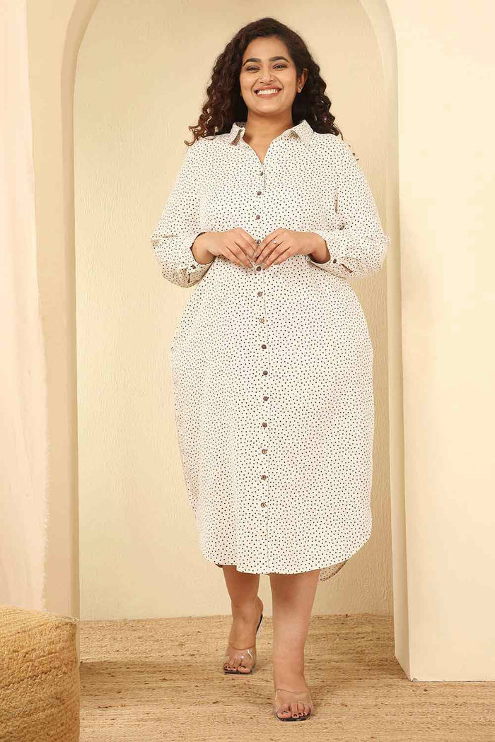 Plus Size Ivory Polka Print Cotton Shirt Dress