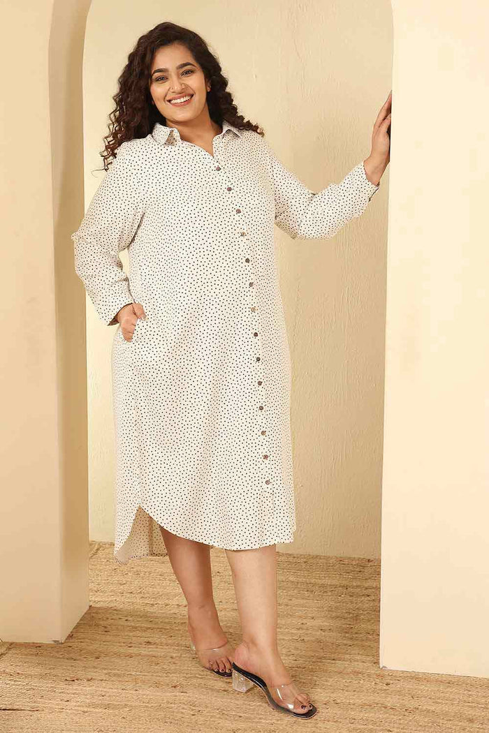 Plus Size Ivory Polka Print Cotton Shirt Dress