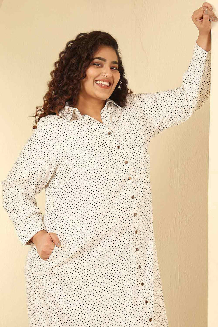 Plus Size Ivory Polka Print Cotton Shirt Dress