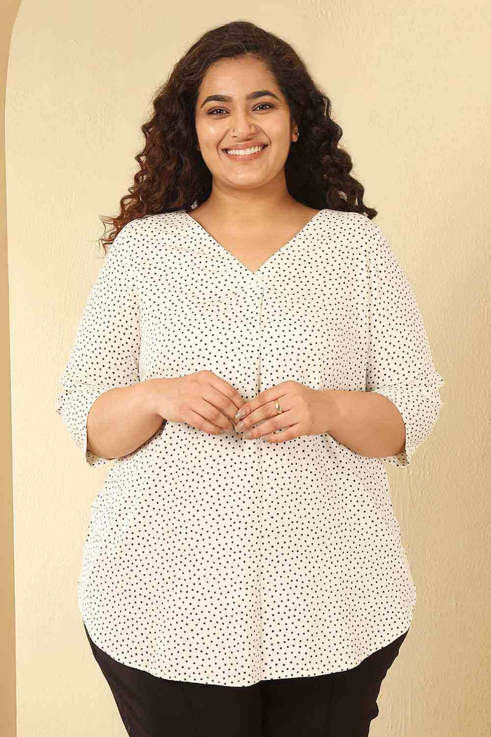 Plus Size Ivory Polka Print Cotton V Neck Top