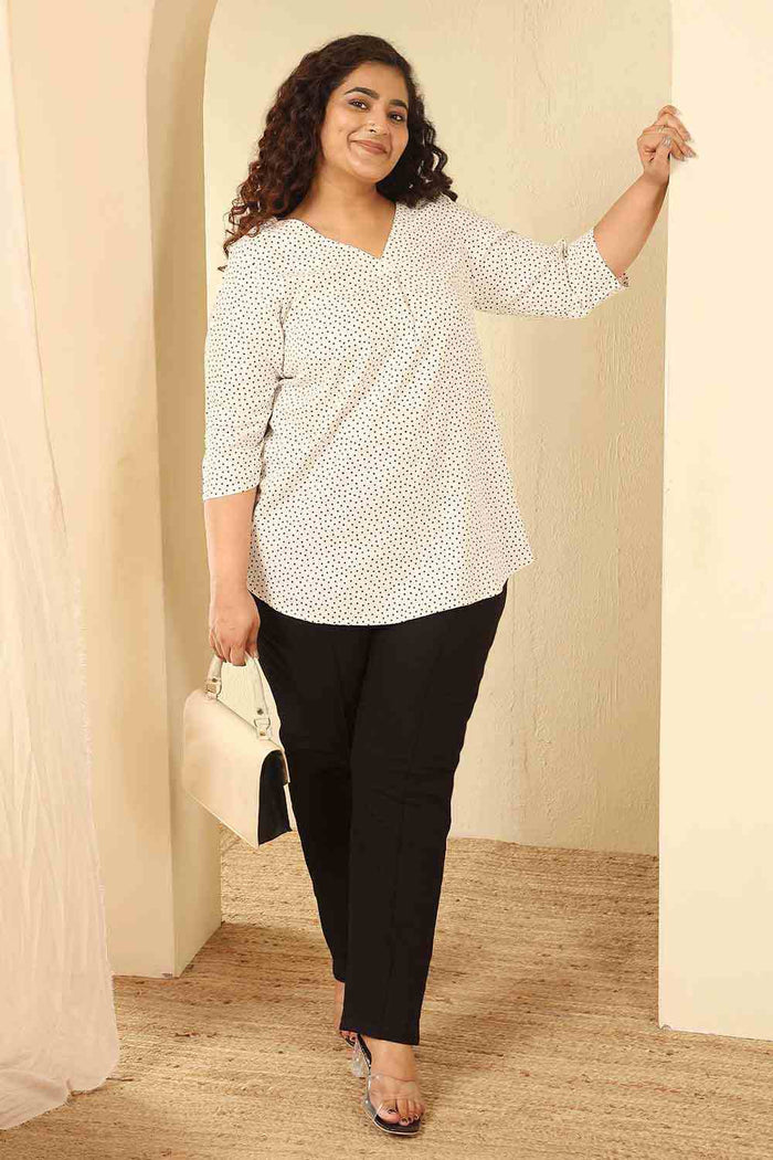 Plus Size Ivory Polka Print Cotton V Neck Top