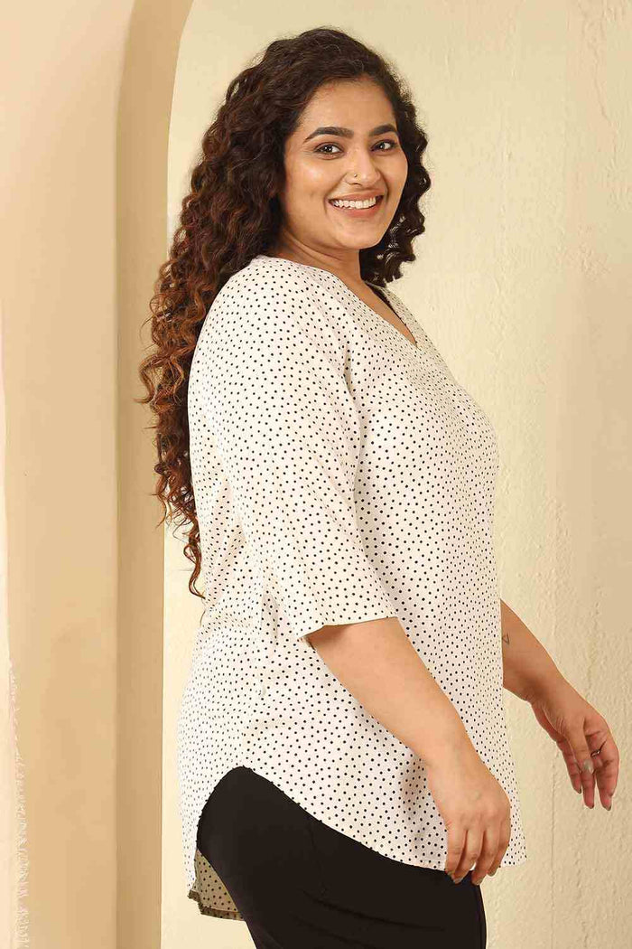 Plus Size Ivory Polka Print Cotton V Neck Top