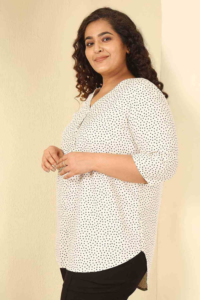 Plus Size Ivory Polka Print Cotton V Neck Top