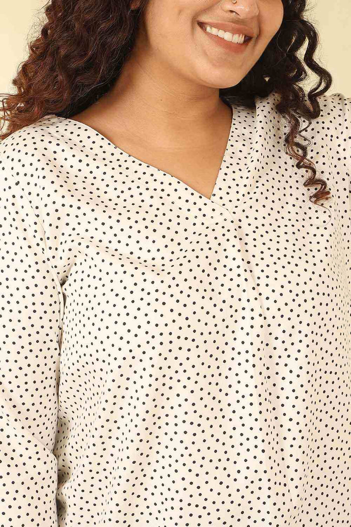 Plus Size Ivory Polka Print Cotton V Neck Top