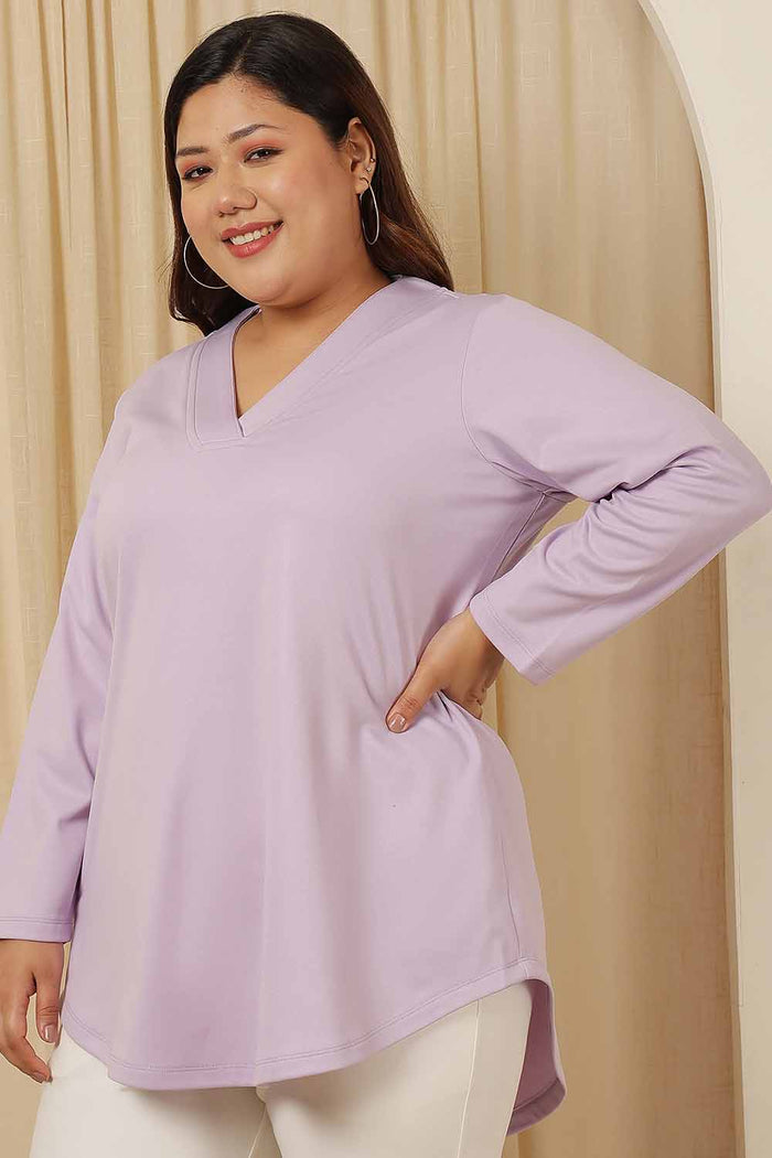 Plus Size Lavender V Neck Fleece Top