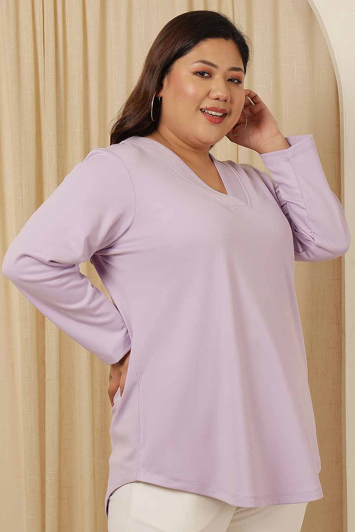 Plus Size Lavender V Neck Fleece Top