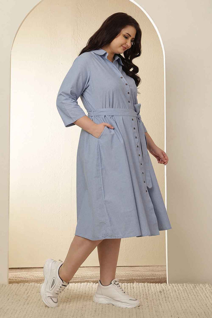 Plus Size Light Blue Cotton Shirt Dress