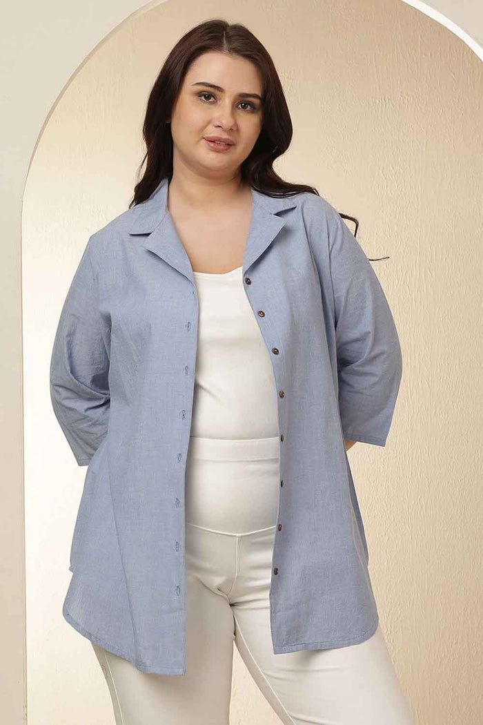 Plus Size Light Blue Cuban Collar Cotton Shirt
