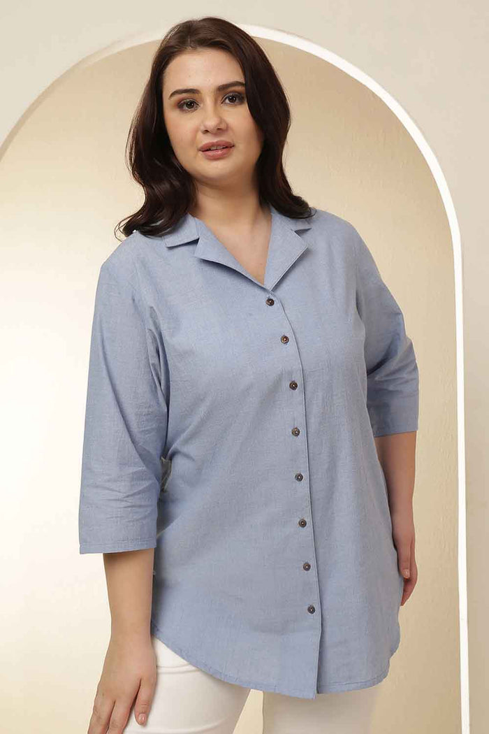 Plus Size Light Blue Cuban Collar Cotton Shirt