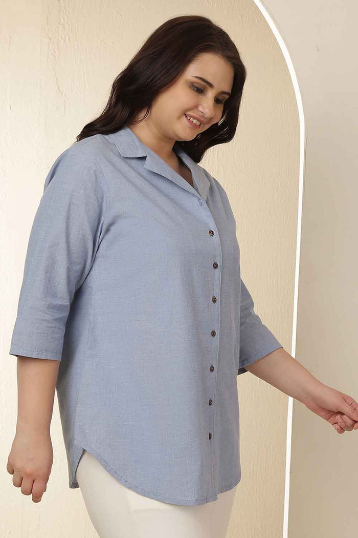 Plus Size Light Blue Cuban Collar Cotton Shirt