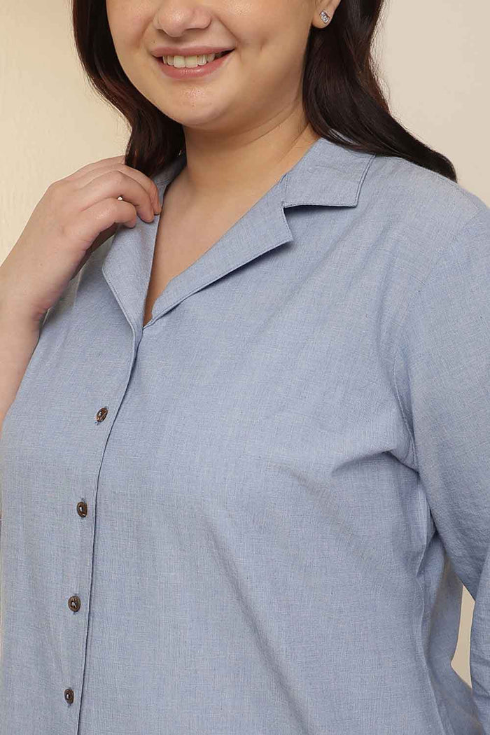 Plus Size Light Blue Cuban Collar Cotton Shirt