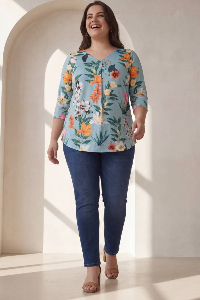 Plus Size Light Blue Floral Centre Pleat Top