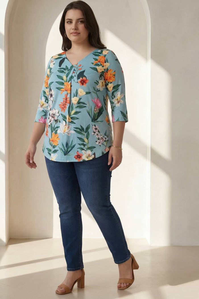 Plus Size Light Blue Floral Centre Pleat Top