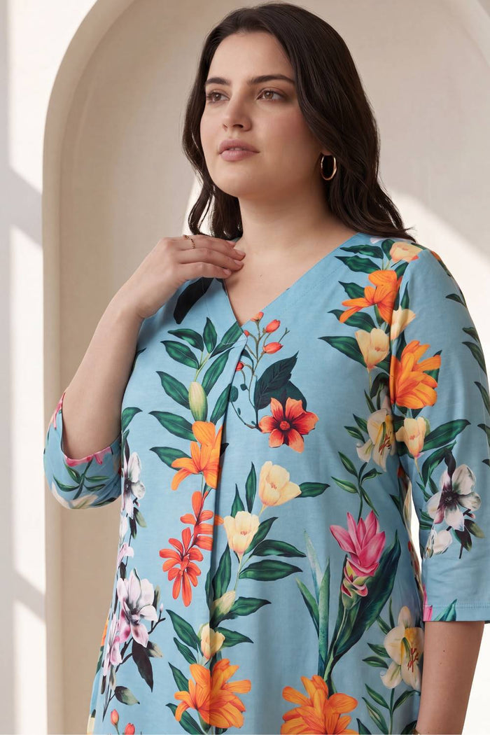 Plus Size Light Blue Floral Centre Pleat Top