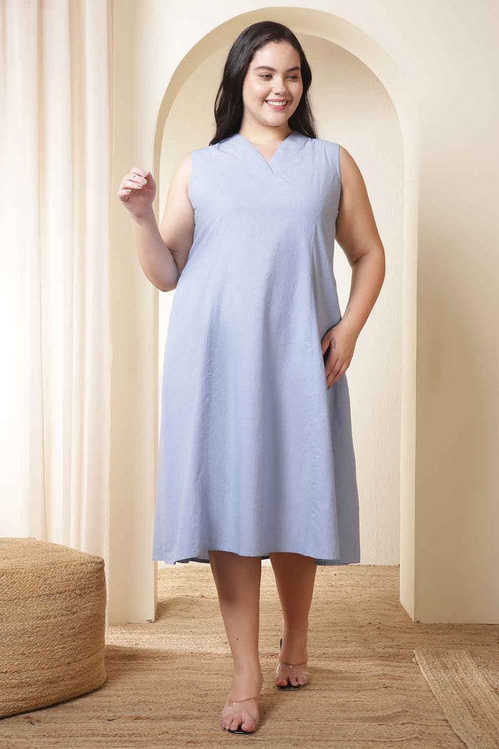 Plus Size Light Blue Sleeveless Cotton Midi Dress