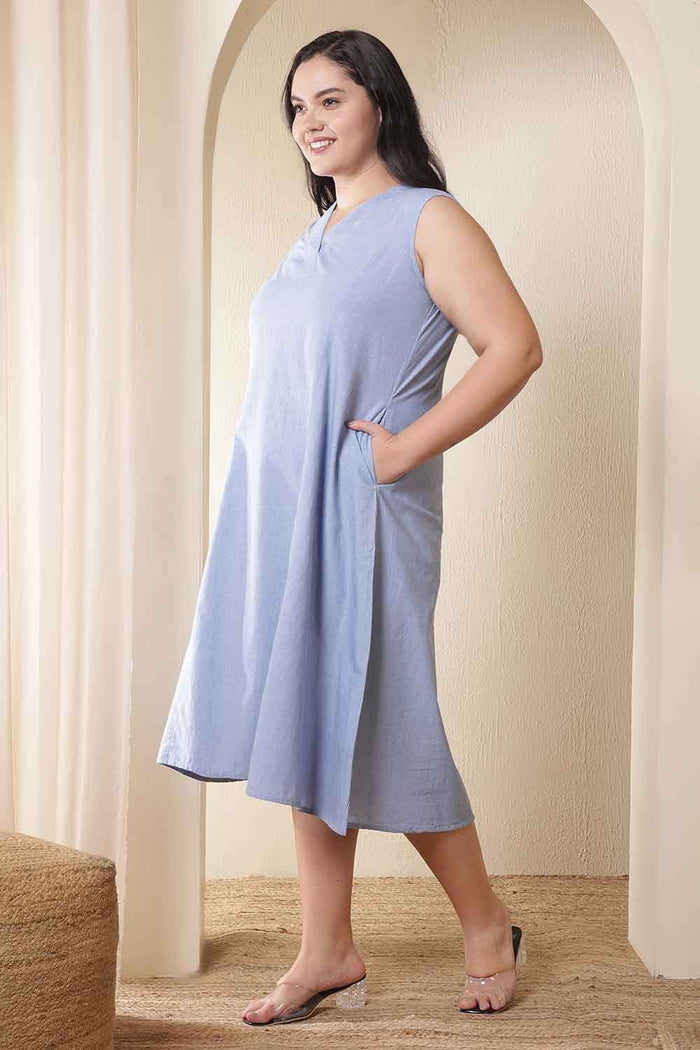 Plus Size Light Blue Sleeveless Cotton Midi Dress