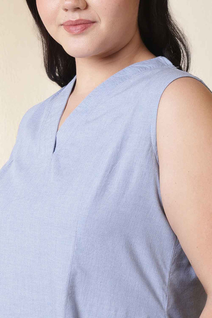 Plus Size Light Blue Sleeveless Cotton Midi Dress