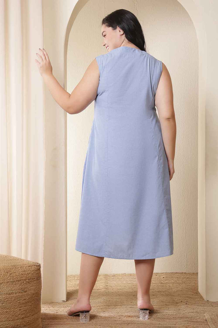Plus Size Light Blue Sleeveless Cotton Midi Dress