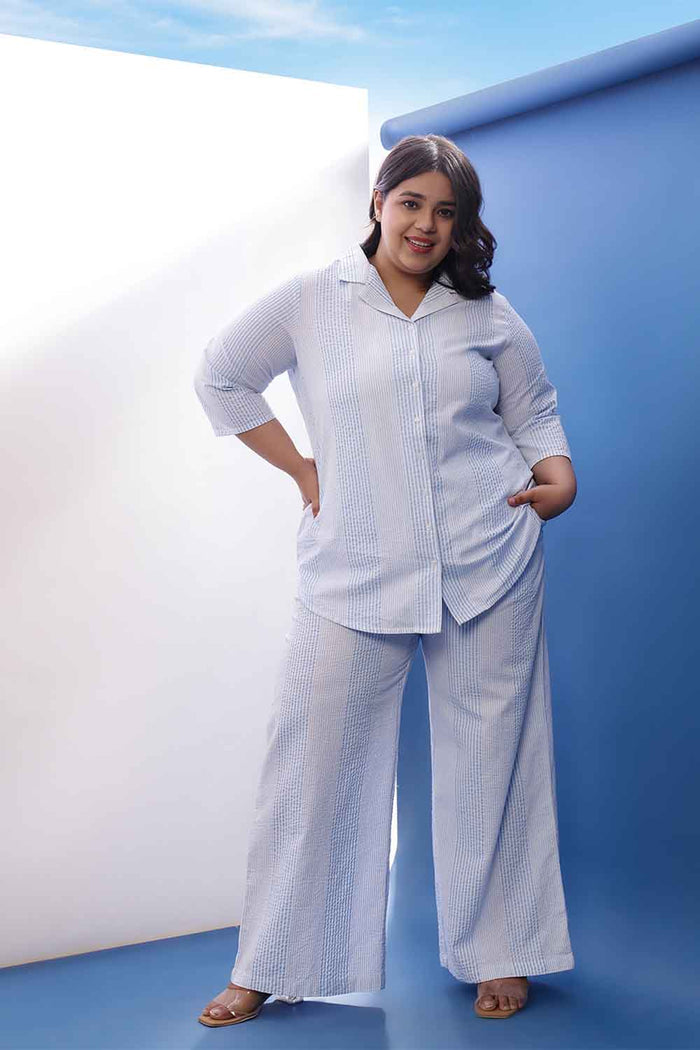 Plus Size Light Blue Striped Cotton Shirt Coord Set