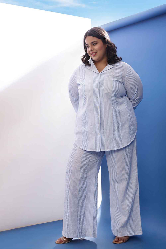 Plus Size Light Blue Striped Cotton Shirt Coord Set