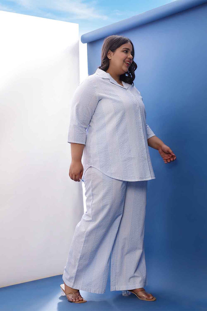 Plus Size Light Blue Striped Cotton Shirt Coord Set