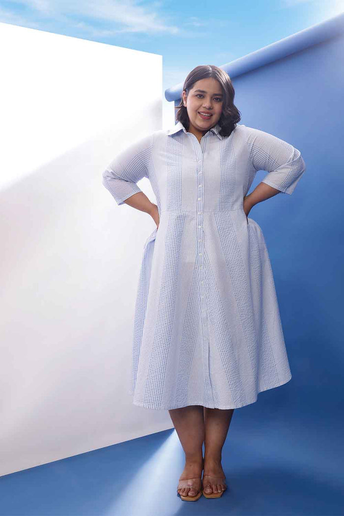 Plus Size Light Blue Striped Cotton Shirt Dress