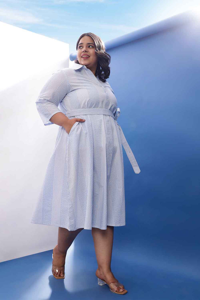 Plus Size Light Blue Striped Cotton Shirt Dress