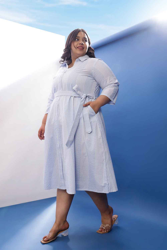 Plus Size Light Blue Striped Cotton Shirt Dress