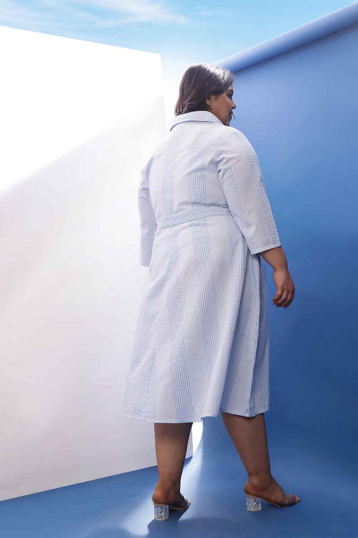 Plus Size Light Blue Striped Cotton Shirt Dress