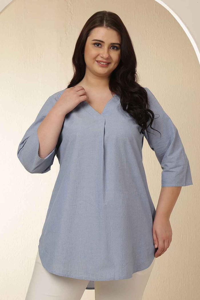 Plus Size Light Blue V Neck Cotton Top