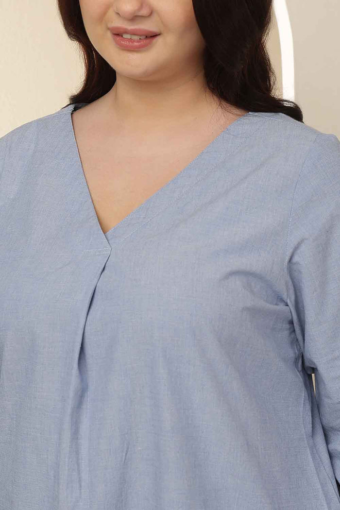 Plus Size Light Blue V Neck Cotton Top