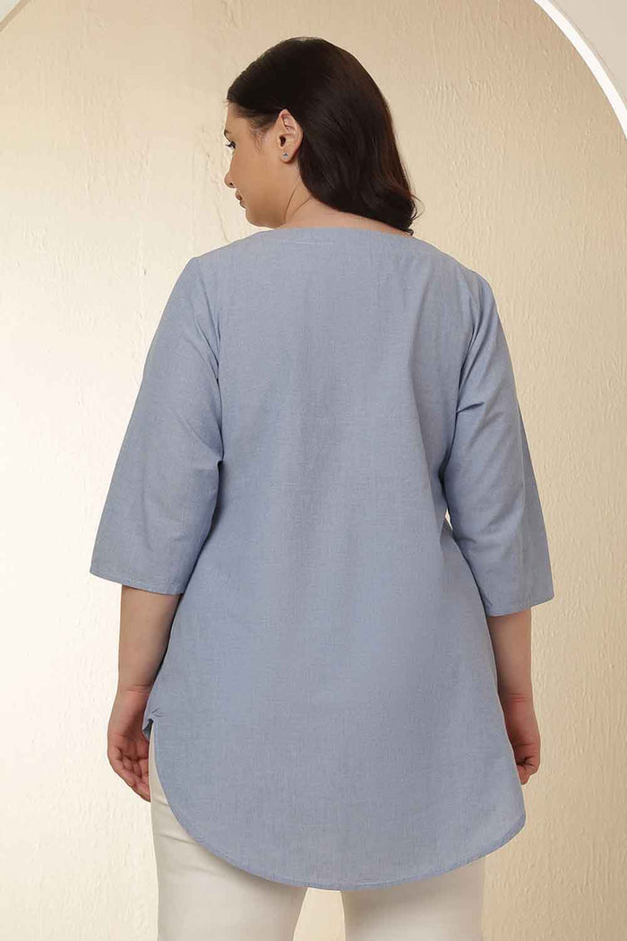 Plus Size Light Blue V Neck Cotton Top