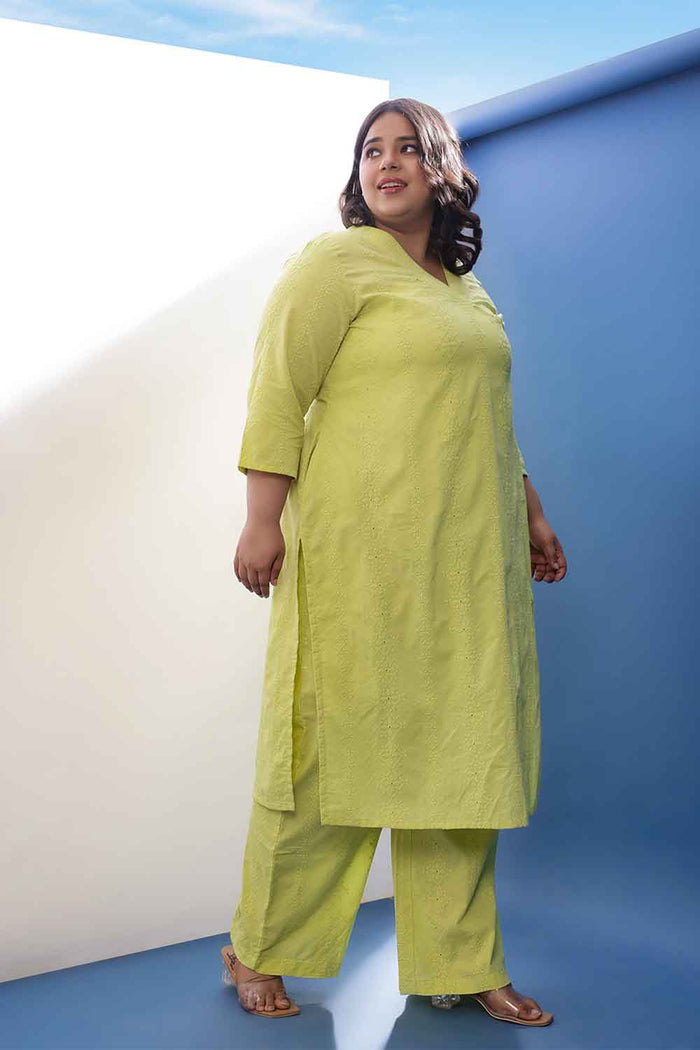 Plus Size Lime Green Cotton Schiffli V Neck Kurta Coord Set
