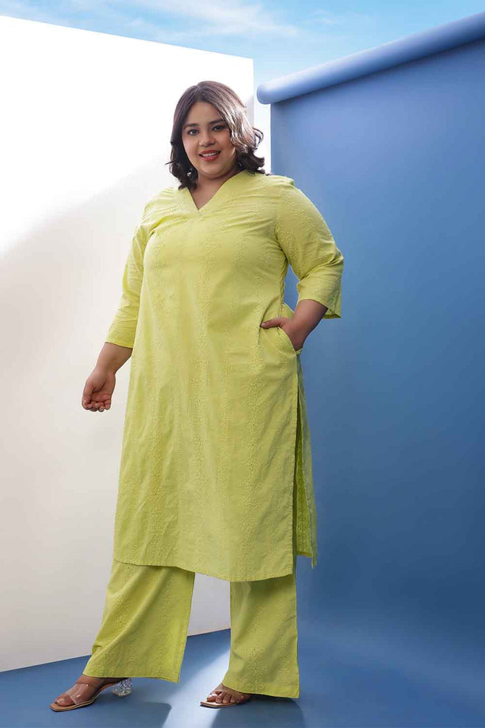 Plus Size Lime Green Cotton Schiffli V Neck Kurta Coord Set