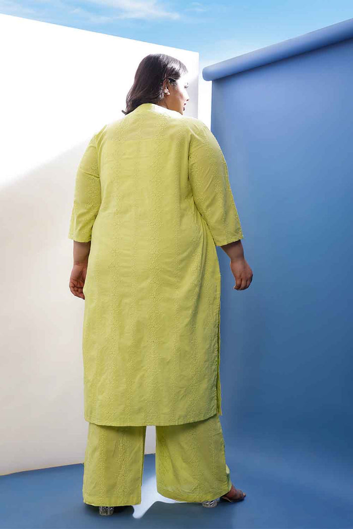 Plus Size Lime Green Cotton Schiffli V Neck Kurta Coord Set