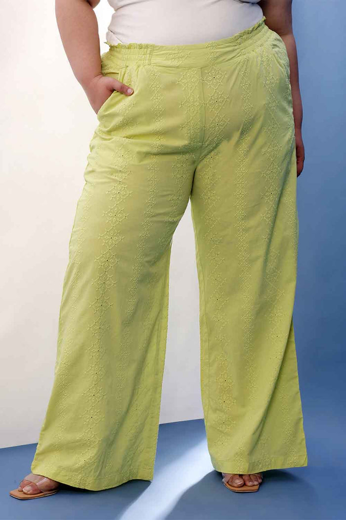 Plus Size Lime Green Cotton Schiffli V Neck Kurta Coord Set