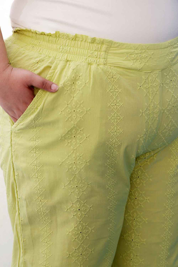 Plus Size Lime Green Cotton Schiffli V Neck Kurta Coord Set