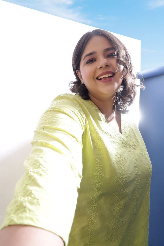 Plus Size Lime Green Cotton Schiffli V Neck Kurta