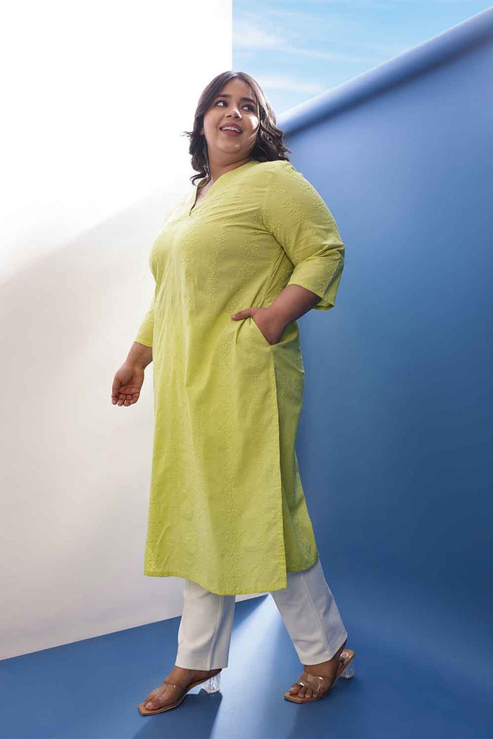 Plus Size Lime Green Cotton Schiffli V Neck Kurta