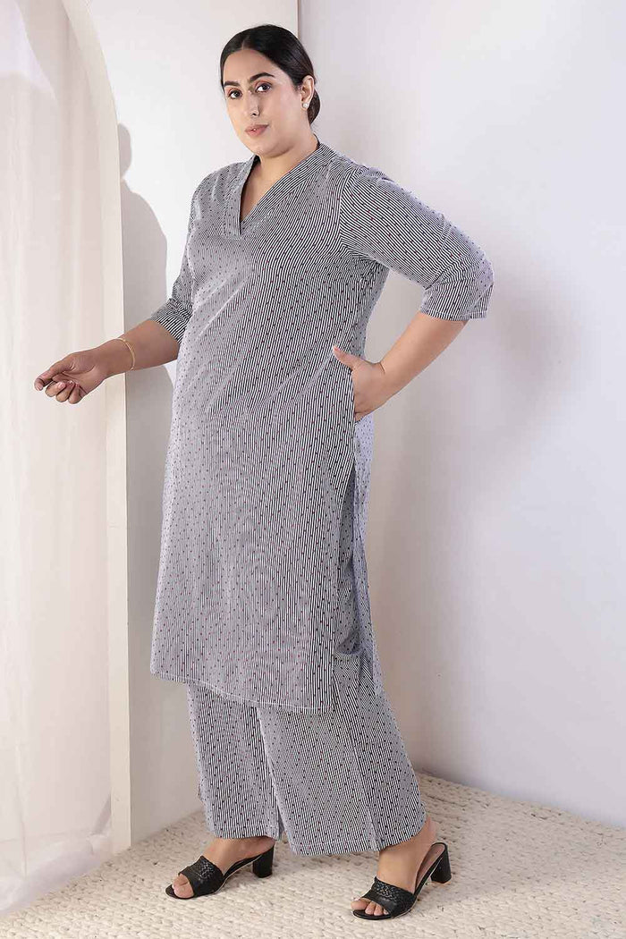 Plus Size Little Beatle Striped Cotton Kurta Coord Set