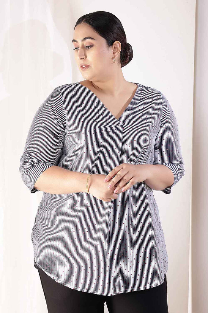 Plus Size Little Beatle Striped Cotton V-Neck Top