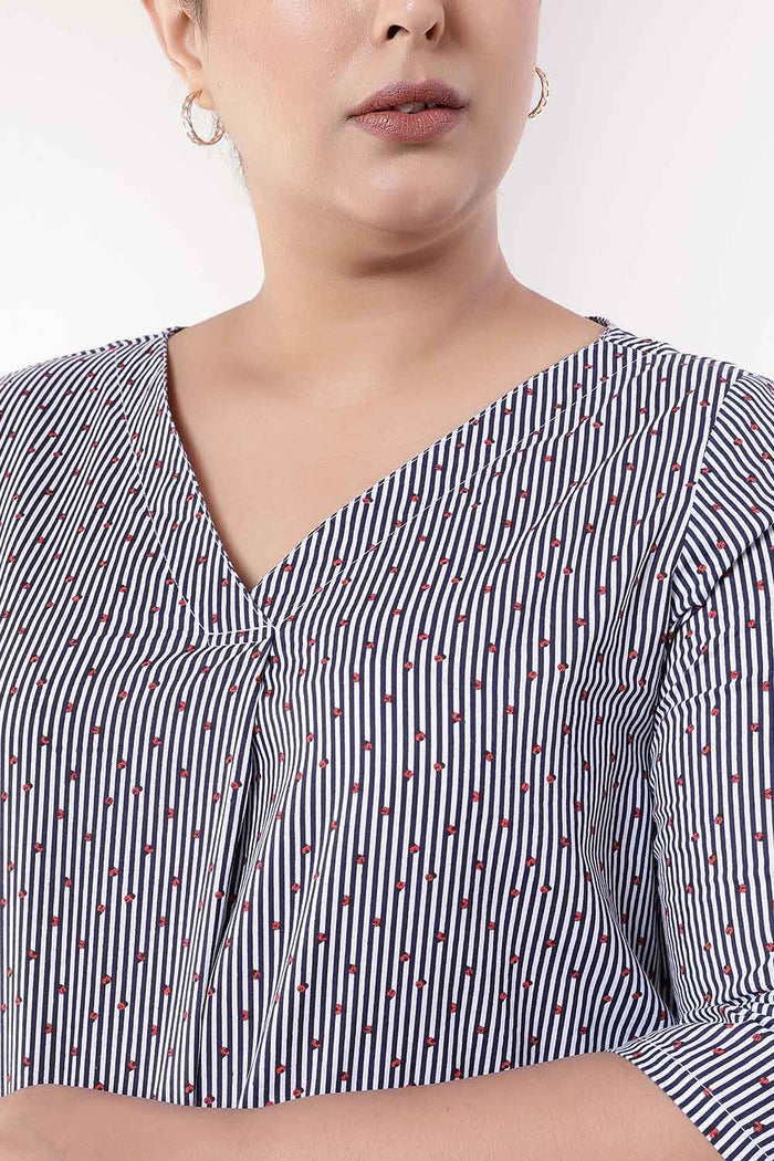 Plus Size Little Beatle Striped Cotton V-Neck Top