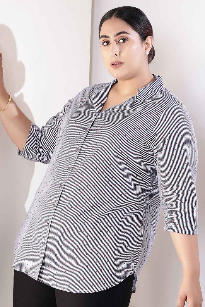 Plus Size Little Beatle Striped Cuban Collar Cotton Shirt
