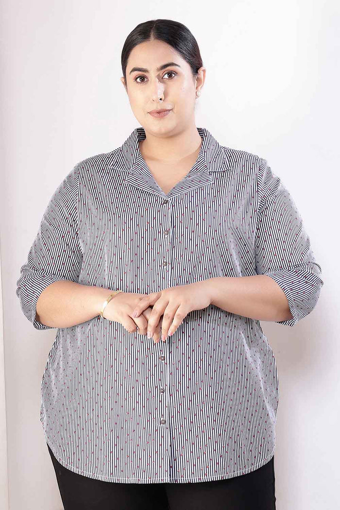 Plus Size Little Beatle Striped Cuban Collar Cotton Shirt