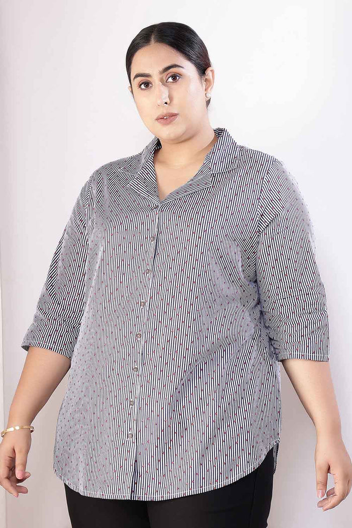 Plus Size Little Beatle Striped Cuban Collar Cotton Shirt